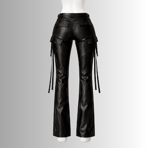 black leather pants for women goth grunge strappy cargo flare leg trousers