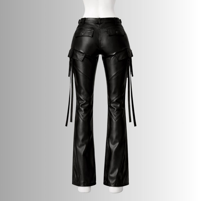 black leather pants for women goth grunge strappy cargo flare leg trousers