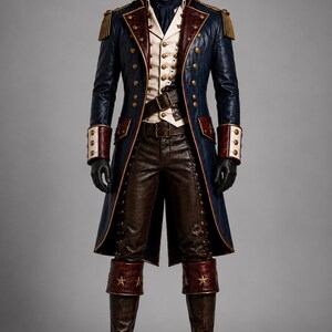 Puede incluir: Un abrigo largo azul marino con solapas rojo oscuro, charreteras doradas y botones de lat&oacute;n, sobre un chaleco color crema con una corbata azul oscuro. El conjunto incluye pantalones de cuero marr&oacute;n, guantes negros y botas de cuero marr&oacute;n con estrellas.