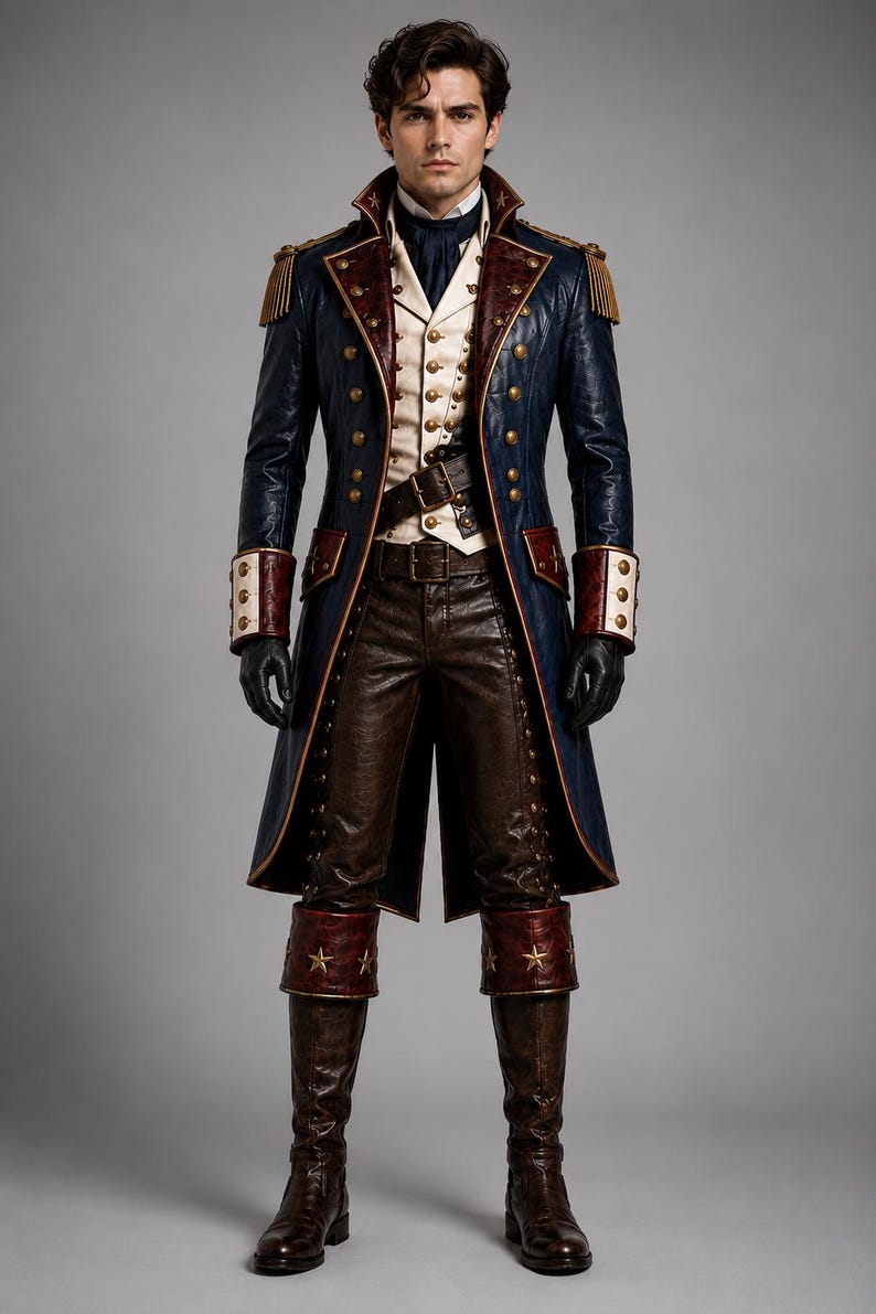 Puede incluir: Un abrigo largo azul marino con solapas rojo oscuro, charreteras doradas y botones de lat&oacute;n, sobre un chaleco color crema con una corbata azul oscuro. El conjunto incluye pantalones de cuero marr&oacute;n, guantes negros y botas de cuero marr&oacute;n con estrellas.