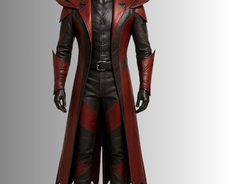 Handmade Gothic Vampire Lord Leather Coat | Red Black Halloween Costume | Dark Fantasy Cosplay Outfit | LARP Costume