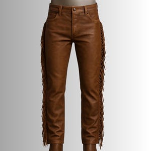 Handmade Brown Leather Fringe Pants, Unisex Cowboy Punk Style