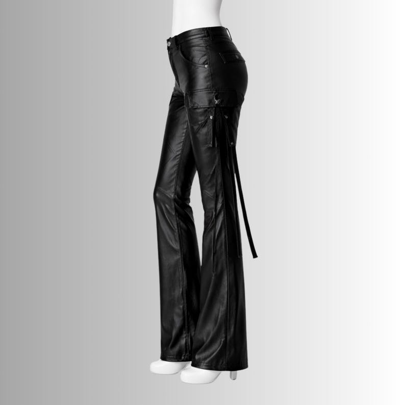 black leather pants women high waist gothic cargo straps alternative fashion