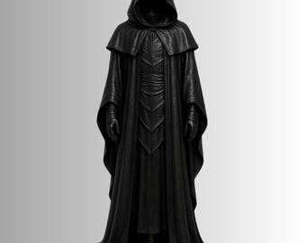 Handmade Halloween Grim Reaper Costume with Hooded Cloak, Black Gothic Leeather Cloak, LARP Costume, Medieval Costume
