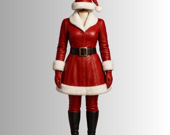 Op de afbeelding: Een rode kerstman kostuumset, inclusief jas, broek, hoed, handschoenen en laarzen. De jas heeft een witte imitatiebontkraag en manchetten, en een zwarte riem met een gouden gesp. De laarzen zijn zwart en de hoed heeft een witte pompon.