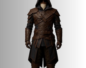 May include: A brown leather hooded costume with shoulder armor, a belt, and gloves. The costume has a dark gray underlayer and is displayed on a mannequin. The design features intricate stitching and a medieval aesthetic.