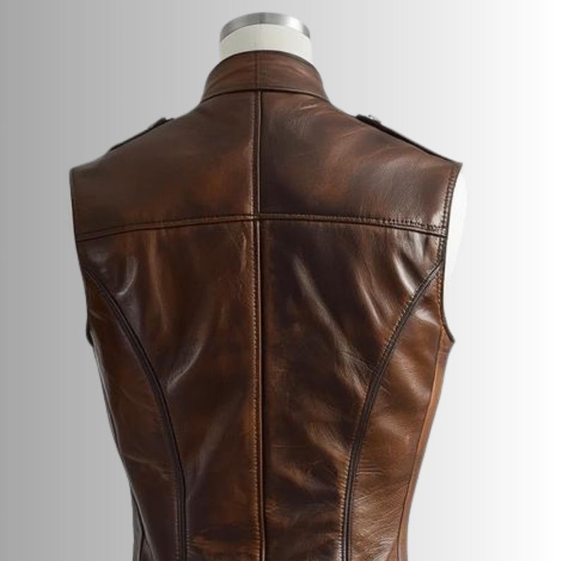 Pu&ograve; includere: Un gilet in pelle marrone con collo alto e dettagli sulle spalle. Il gilet ha una vestibilit&agrave; sartoriale e cuciture a vista. La pelle presenta un aspetto invecchiato, con variazioni di colore e consistenza.