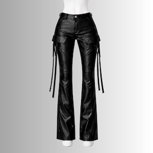 womens black gothic leather pants high waisted flare strappy cargo trousers y2k biker style