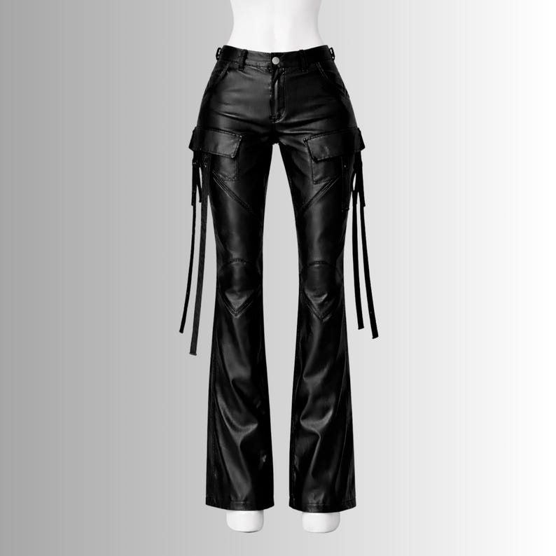 womens black gothic leather pants high waisted flare strappy cargo trousers y2k biker style