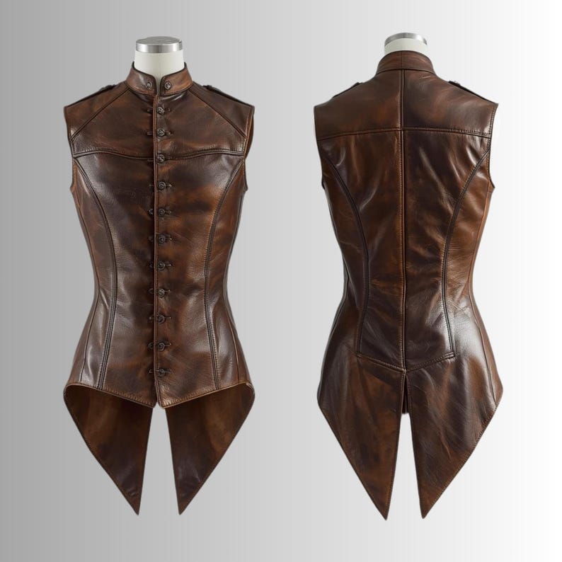 Pu&ograve; includere: Un gilet in pelle marrone con collo alto e chiusura con bottoni. Il gilet ha una vestibilit&agrave; su misura e un'esclusiva coda a punta sul retro. Il gilet &egrave; esposto su un manichino, mostrando sia il davanti che il retro.