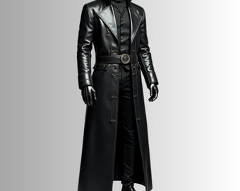 Halloween Vampire Leather Costume Men, Black Dracula Inspired Gothic Leather Coat, Renaissance Faire Clothing