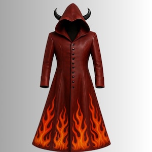 May include: A burgundy, long leather coat with a hooded design and black horns. The coat features a button-up front and a flared skirt with orange and yellow flame detailing. The coat is a unique costume piece.