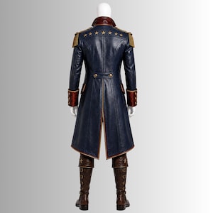 Patriotic colonial commander leather cosplay coat for Independence Day
America250 historical military leather costume with gold button details