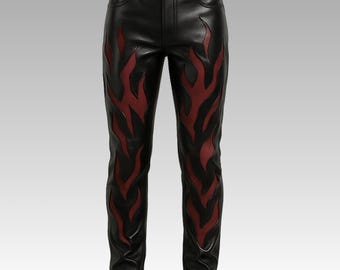 Black Red Flame Leather Pants, Gothic Biker Trousers, High Waist Alternative Bottoms, Punk Moto Streetwear Festival Wear