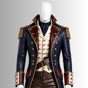 Revolutionary War inspired leather coat for patriotic cosplay events
Colonial commander outfit handmade genuine leather military costume