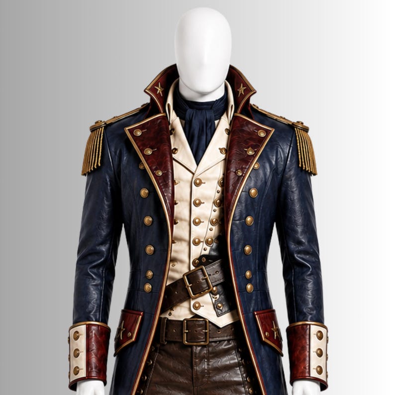 Revolutionary War inspired leather coat for patriotic cosplay events
Colonial commander outfit handmade genuine leather military costume