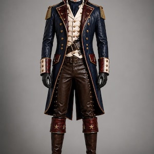 Puede incluir: Un abrigo largo azul marino con botones dorados, charreteras doradas y solapas rojo oscuro sobre un chaleco color crema, pantalones marr&oacute;n oscuro y botas de cuero marr&oacute;n oscuro con pu&ntilde;os rojos con detalles de estrellas doradas y guantes negros.