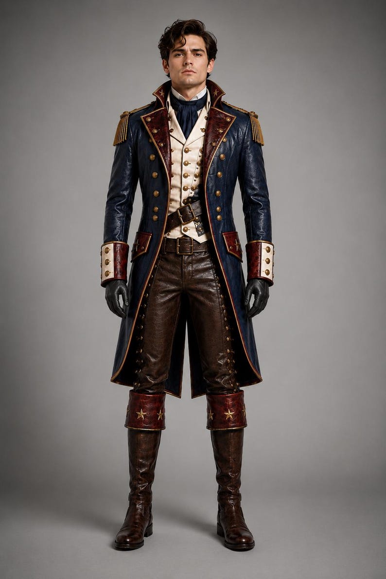 Puede incluir: Un abrigo largo azul marino con botones dorados, charreteras doradas y solapas rojo oscuro sobre un chaleco color crema, pantalones marr&oacute;n oscuro y botas de cuero marr&oacute;n oscuro con pu&ntilde;os rojos con detalles de estrellas doradas y guantes negros.