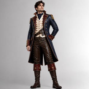 Puede incluir: Un abrigo largo azul marino con botones dorados y ribetes rojos, sobre un chaleco color crema con botones dorados y una corbata azul oscuro. El conjunto incluye pantalones de cuero marr&oacute;n con detalles laterales y botas de cuero marr&oacute;n.