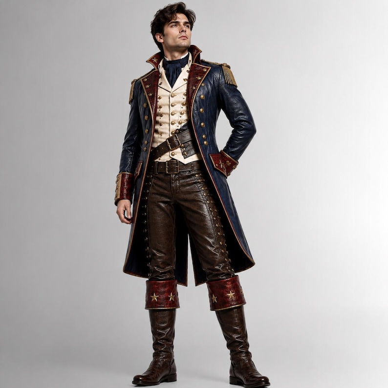 Puede incluir: Un abrigo largo azul marino con botones dorados y ribetes rojos, sobre un chaleco color crema con botones dorados y una corbata azul oscuro. El conjunto incluye pantalones de cuero marr&oacute;n con detalles laterales y botas de cuero marr&oacute;n.