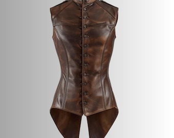Handgemaakt bruin leren wambuis: steampunk gotisch slipjasvest
