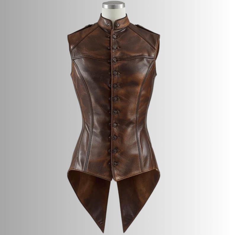 Pu&ograve; includere: Un gilet in pelle marrone con colletto alto e chiusura con bottoni. Il gilet ha una vestibilit&agrave; su misura e un design unico con code a punta sul retro. Il gilet &egrave; esposto su un manichino.