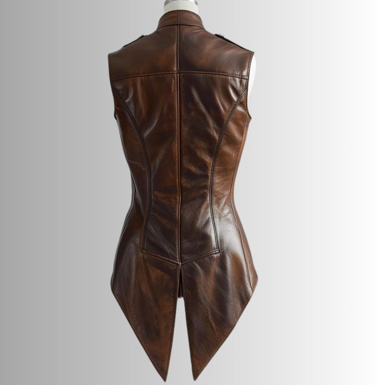Pu&ograve; includere: Un gilet in pelle marrone con una vestibilit&agrave; sartoriale, caratterizzato da un colletto alla coreana e un design a schiena divisa. Il gilet ha una silhouette aderente ed &egrave; esposto su un manichino. La pelle ha un aspetto invecchiato.
