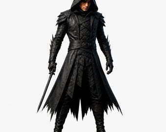Disfraz de cuero negro hecho a mano inspirado en un asesino - Disfraz de guerrero medieval con capucha - Disfraz de Halloween para hombre - Cosplay gótico para LARP