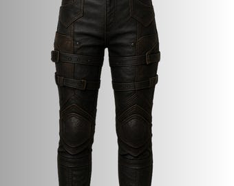 Black Genuine Leather Biker Pants Men, Motorcycle Riding Trousers, Armored Knee Panel Bottoms, Strapped Tactical Streetwear,