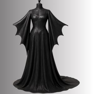 Black Witch Leather Dress with Bat Sleeves – Gothic Vampire Halloween Costume, Medieval Fantasy Cosplay Gown, Custom Made