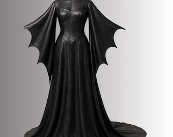 Black Leather Bat Wing Dress, Gothic Vampire Costume, Halloween Witch Gown, Custom Made