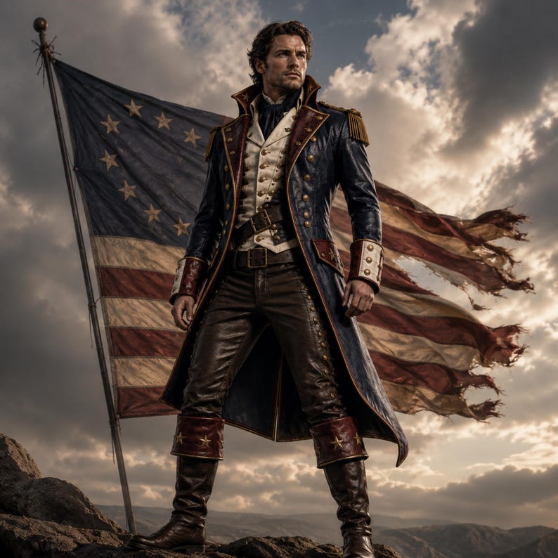 Historical commander leather outfit for America250 celebration events
Revolutionary War colonial leather costume with luxury military design
Patriotic cosplay leather coat for Independence Day parade outfit
Handmade colonial commander leather costume for theater and cosplay