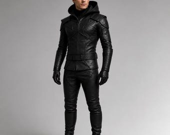 Dark Ranger lederen kostuum heren, moordenaarspantser met capuchon, middeleeuwse fantasy-outfit, Renaissance Faire LARP-cosplay