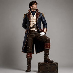 Puede incluir: Un abrigo de cuero azul marino de estilo militar con charreteras doradas, un chaleco color crema con botones de lat&oacute;n, un cintur&oacute;n de cuero marr&oacute;n oscuro, pantalones de cuero marr&oacute;n y botas altas de cuero marr&oacute;n con estrellas doradas y guantes blancos.
