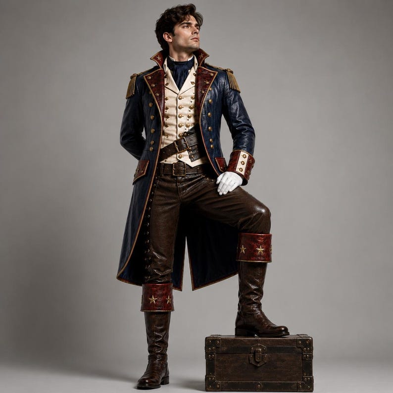 Puede incluir: Un abrigo de cuero azul marino de estilo militar con charreteras doradas, un chaleco color crema con botones de lat&oacute;n, un cintur&oacute;n de cuero marr&oacute;n oscuro, pantalones de cuero marr&oacute;n y botas altas de cuero marr&oacute;n con estrellas doradas y guantes blancos.