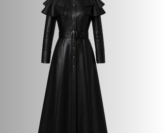 Handmade Elegant Black Pure Leather Coat with Shoulder Ruffle Detail and Belt, leather costume, larp costume, medieval Costumes