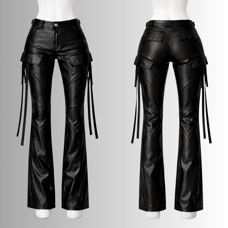 womens high waisted leather pants black strappy cargo goth punk style
