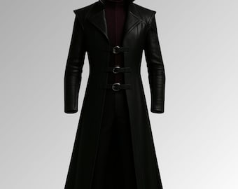 Black Leather Trench Coat, Gothic Buckle Coat, Long Tailcoat Jacket, Custom Cosplay Outfit, Victorian Style Outerwear