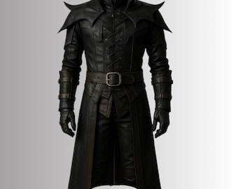 Black Gothic Leather Trench Coat – Medieval Fantasy Costume – Halloween Cosplay LARP Outfit