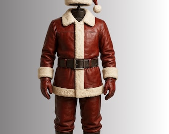 Genuine Leather Santa Claus Costume, Shearling Trim Christmas Costume