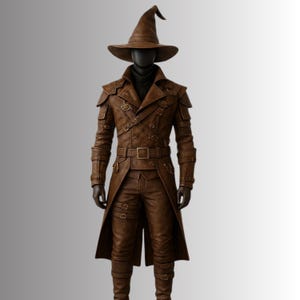 May include: A brown leather costume with a long coat, pants, and a wide-brimmed hat. The coat features multiple buckles and straps, with shoulder armor and a belt. The outfit is displayed on a mannequin against a neutral background.