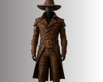Steampunk Leather Alchemist Costume: Gothic Wizard Trench Coat and Hat