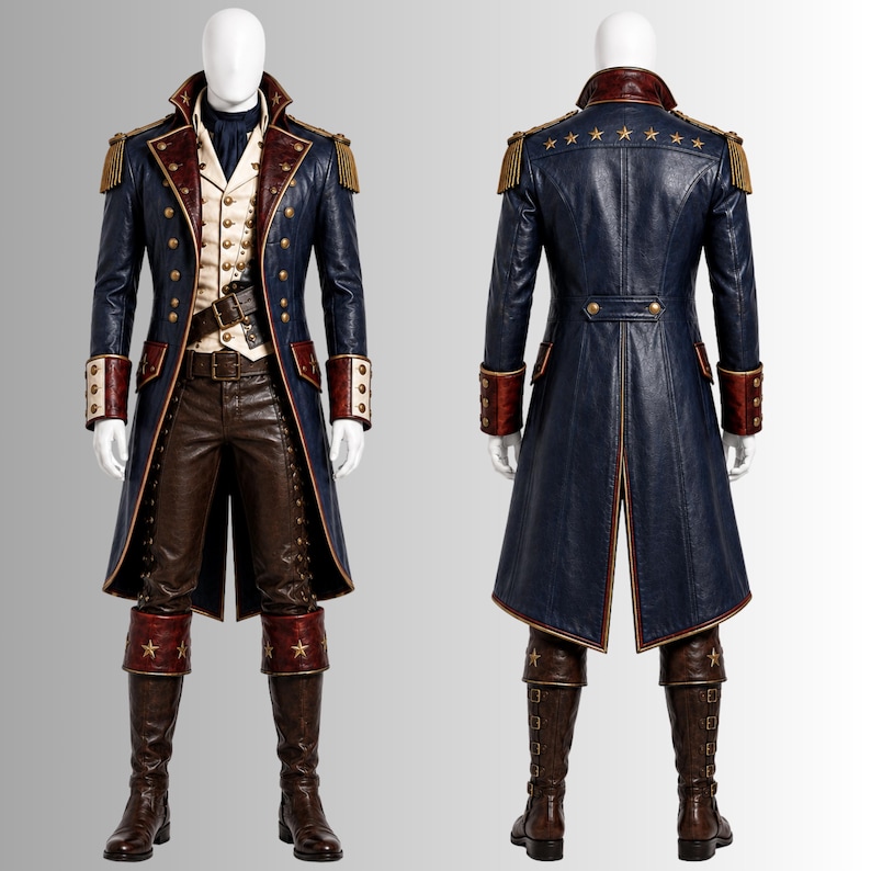 America250 military leather coat with historical fantasy cosplay look
Revolutionary War leather commander outfit with cinematic costume style
Colonial military leather cosplay costume for patriotic themed events
Patriotic America250 leather commander coat with premium handmade details