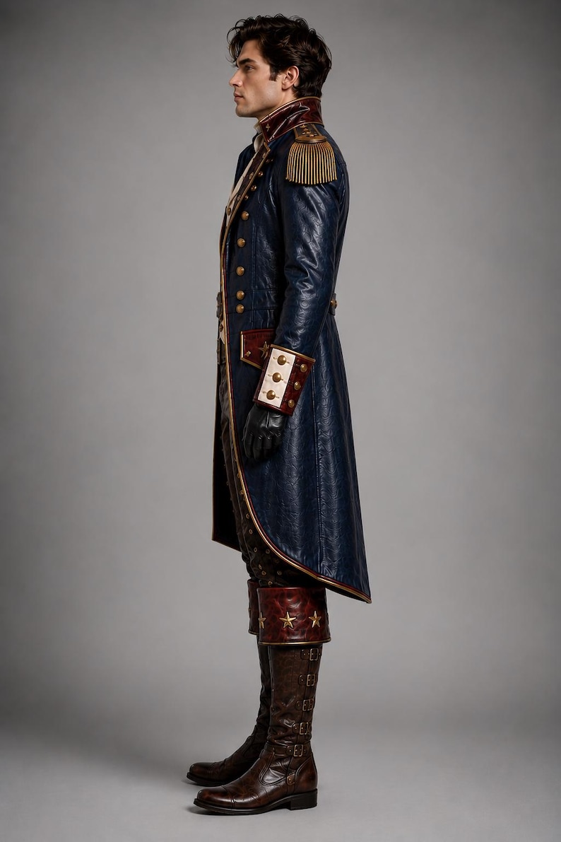 Puede incluir: Un abrigo largo azul oscuro con charreteras doradas, botones de lat&oacute;n y pu&ntilde;os blancos. El abrigo tiene cuello alto y ribetes rojos. Pantalones oscuros metidos en botas de cuero marr&oacute;n con hebillas y detalles de estrellas doradas.