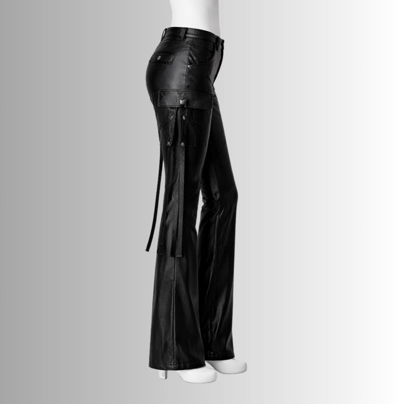 womens goth leather trousers flared leg y2k aesthetic biker cargo style