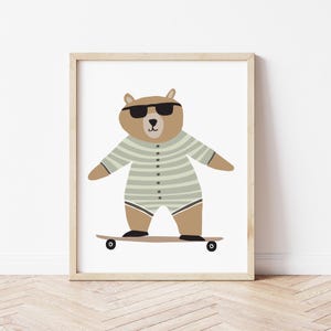 Sage Bear On Skateboard Art | Kids Room Poster | Fun Kids Room Art | Nursery Decor | Printable Art for Boys and Girls | Digital Download