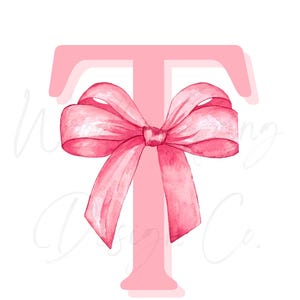 May include: A watercolor illustration of the letter "T" in a soft pink hue, adorned with a vibrant pink bow. The bow is intricately detailed, adding a touch of elegance to the design. The background is white, with the text "Wedding Design Co." in a light pink color.