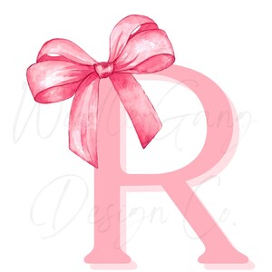 May include: A watercolor illustration of the letter "R" in a soft pink hue, adorned with a matching pink bow at the top. The bow has detailed shading, adding depth to the design. The background is white.