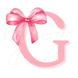 May include: Watercolor illustration of a pink letter "G" with a matching pink bow on top. The bow is detailed with shading and highlights, and the letter has a subtle shadow effect. The background is white.