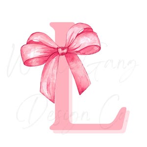 May include: A watercolour illustration of the letter 'L' in a soft pink shade, embellished with a bright pink bow. The bow is finely detailed, adding a touch of elegance to the design. The background is white.